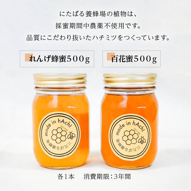 れんげ蜂蜜５００ｇと百花蜜５００ｇ　各１本セット