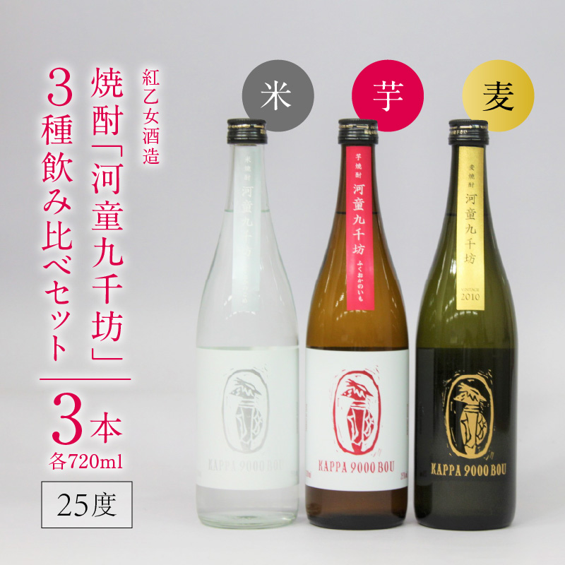 【紅乙女酒造】焼酎「河童九千坊」麦・芋・米　３種飲み比べセット（720ml×3本）